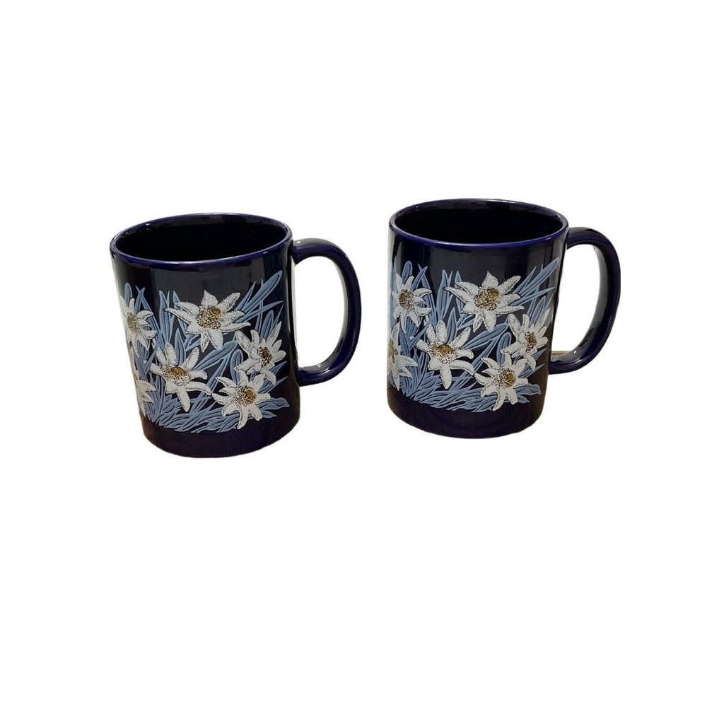 Two Bockling Coffee Mug Cobalt Blue Gold Trim Flowers Cups 10 oz Ceramic
